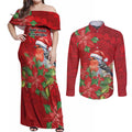 Australian Scarlet Robin Couples Matching Off Shoulder Maxi Dress and Long Sleeve Button Shirt Aboriginal Inspired Christmas - Aussie Hoodie