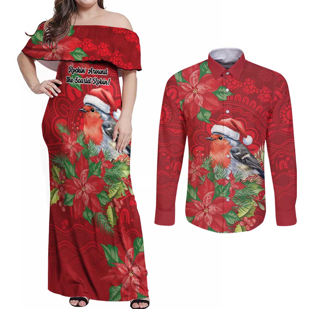 Australian Scarlet Robin Couples Matching Off Shoulder Maxi Dress and Long Sleeve Button Shirt Aboriginal Inspired Christmas - Aussie Hoodie
