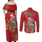 Australian Scarlet Robin Couples Matching Off Shoulder Maxi Dress and Long Sleeve Button Shirt Aboriginal Inspired Christmas - Aussie Hoodie