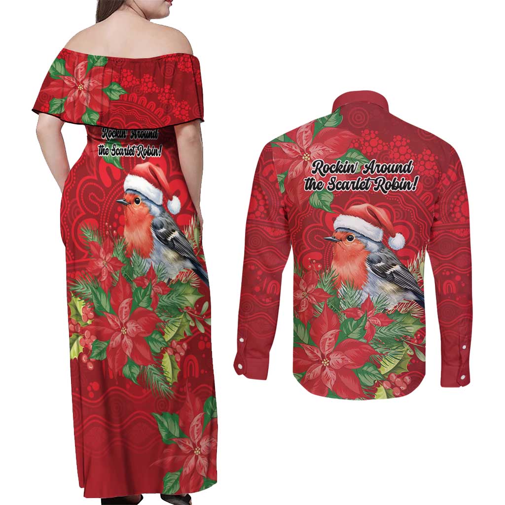 Australian Scarlet Robin Couples Matching Off Shoulder Maxi Dress and Long Sleeve Button Shirt Aboriginal Inspired Christmas - Aussie Hoodie