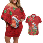 Australian Scarlet Robin Couples Matching Off Shoulder Short Dress and Hawaiian Shirt Aboriginal Inspired Christmas - Aussie Hoodie