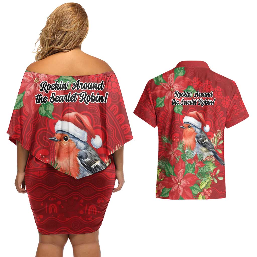 Australian Scarlet Robin Couples Matching Off Shoulder Short Dress and Hawaiian Shirt Aboriginal Inspired Christmas - Aussie Hoodie