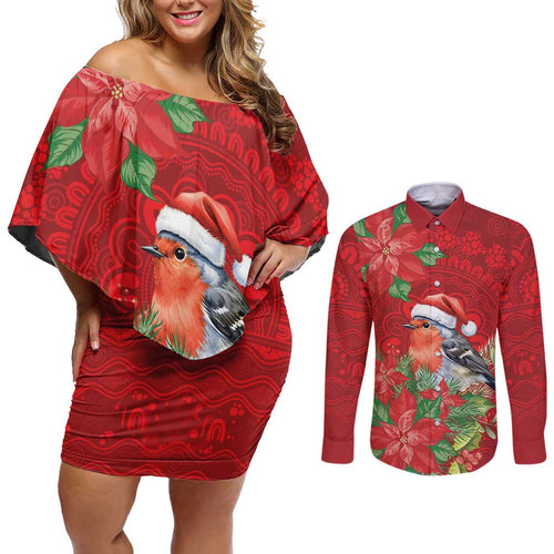 Australian Scarlet Robin Couples Matching Off Shoulder Short Dress and Long Sleeve Button Shirt Aboriginal Inspired Christmas - Aussie Hoodie