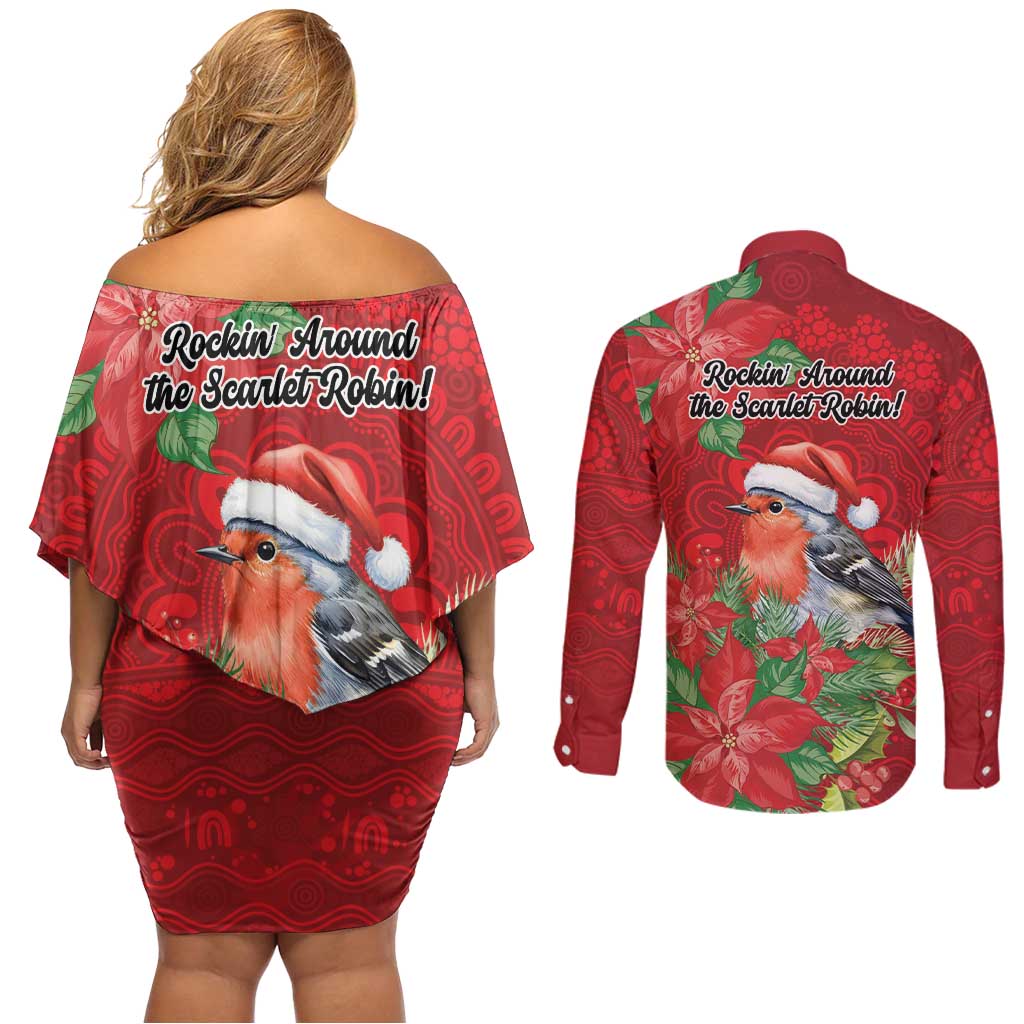 Australian Scarlet Robin Couples Matching Off Shoulder Short Dress and Long Sleeve Button Shirt Aboriginal Inspired Christmas - Aussie Hoodie
