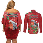 Australian Scarlet Robin Couples Matching Off Shoulder Short Dress and Long Sleeve Button Shirt Aboriginal Inspired Christmas - Aussie Hoodie