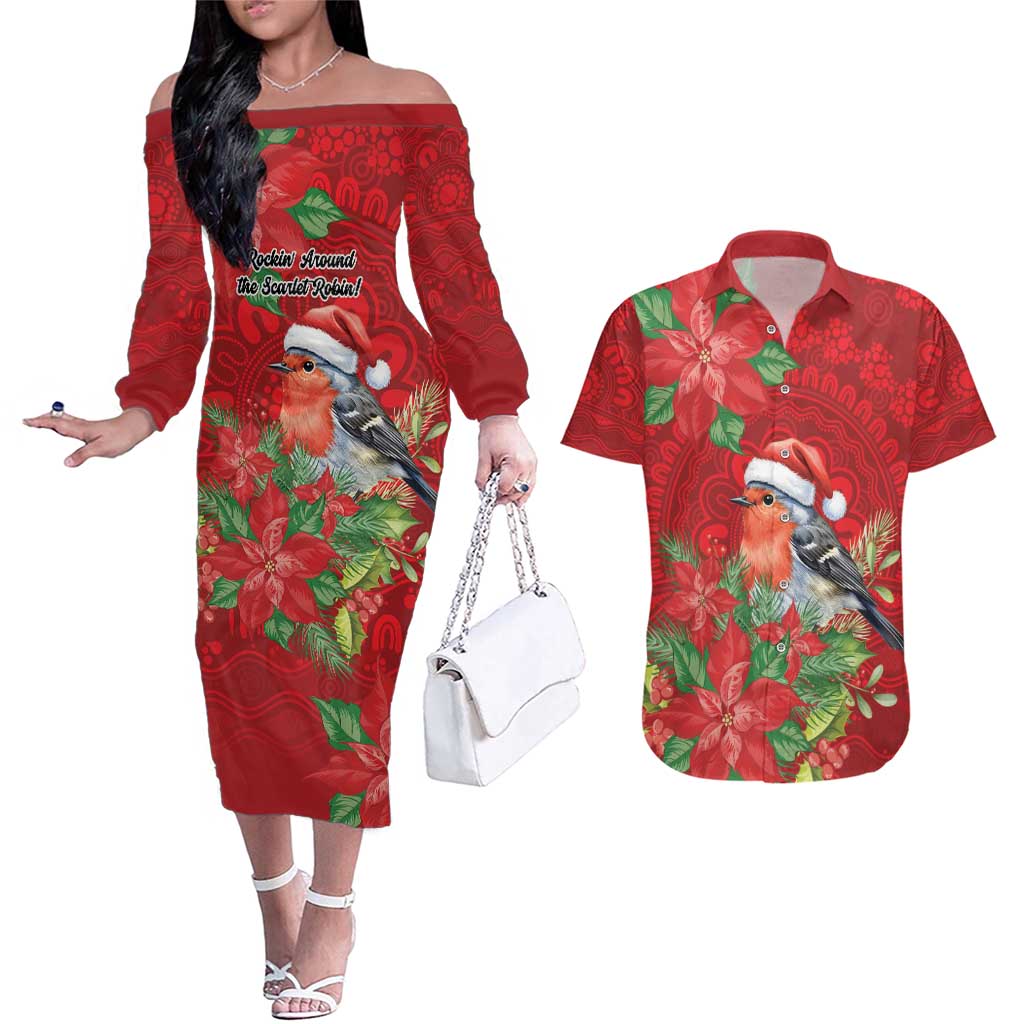 Australian Scarlet Robin Couples Matching Off The Shoulder Long Sleeve Dress and Hawaiian Shirt Aboriginal Inspired Christmas - Aussie Hoodie