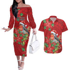 Australian Scarlet Robin Couples Matching Off The Shoulder Long Sleeve Dress and Hawaiian Shirt Aboriginal Inspired Christmas - Aussie Hoodie