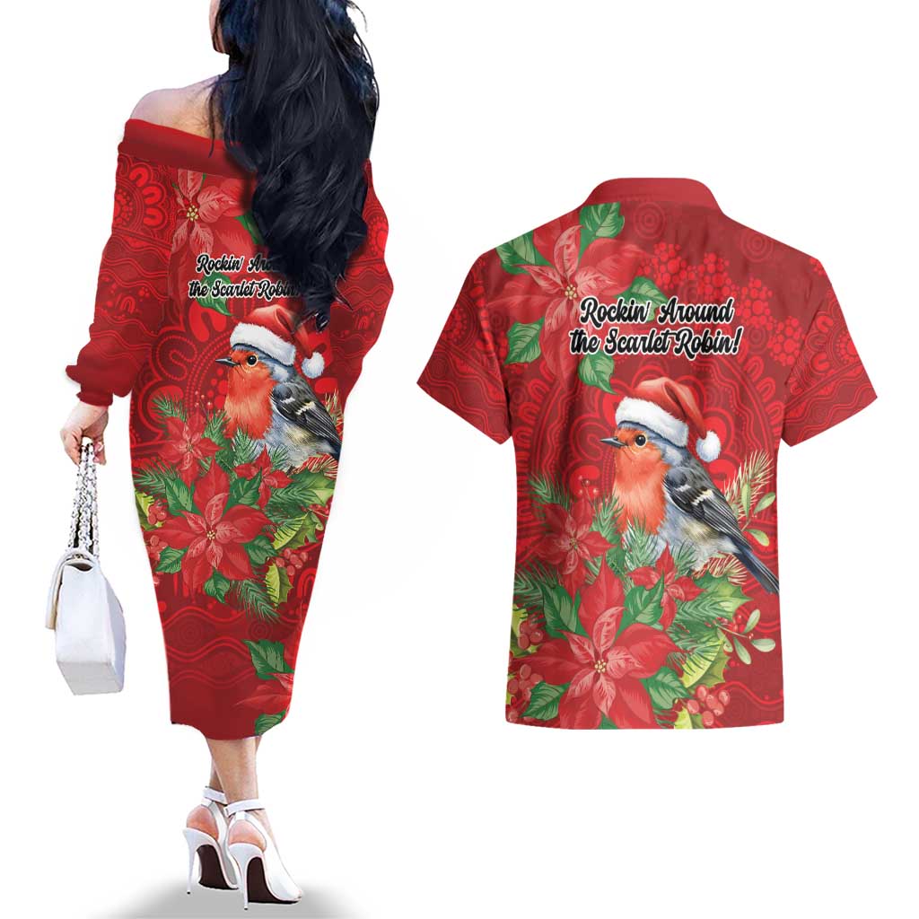Australian Scarlet Robin Couples Matching Off The Shoulder Long Sleeve Dress and Hawaiian Shirt Aboriginal Inspired Christmas - Aussie Hoodie