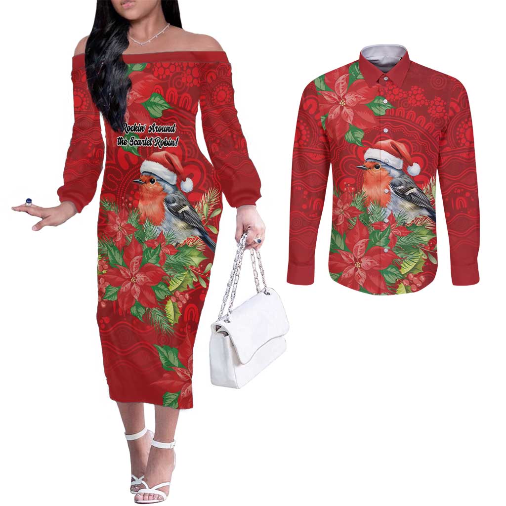 Australian Scarlet Robin Couples Matching Off The Shoulder Long Sleeve Dress and Long Sleeve Button Shirt Aboriginal Inspired Christmas - Aussie Hoodie