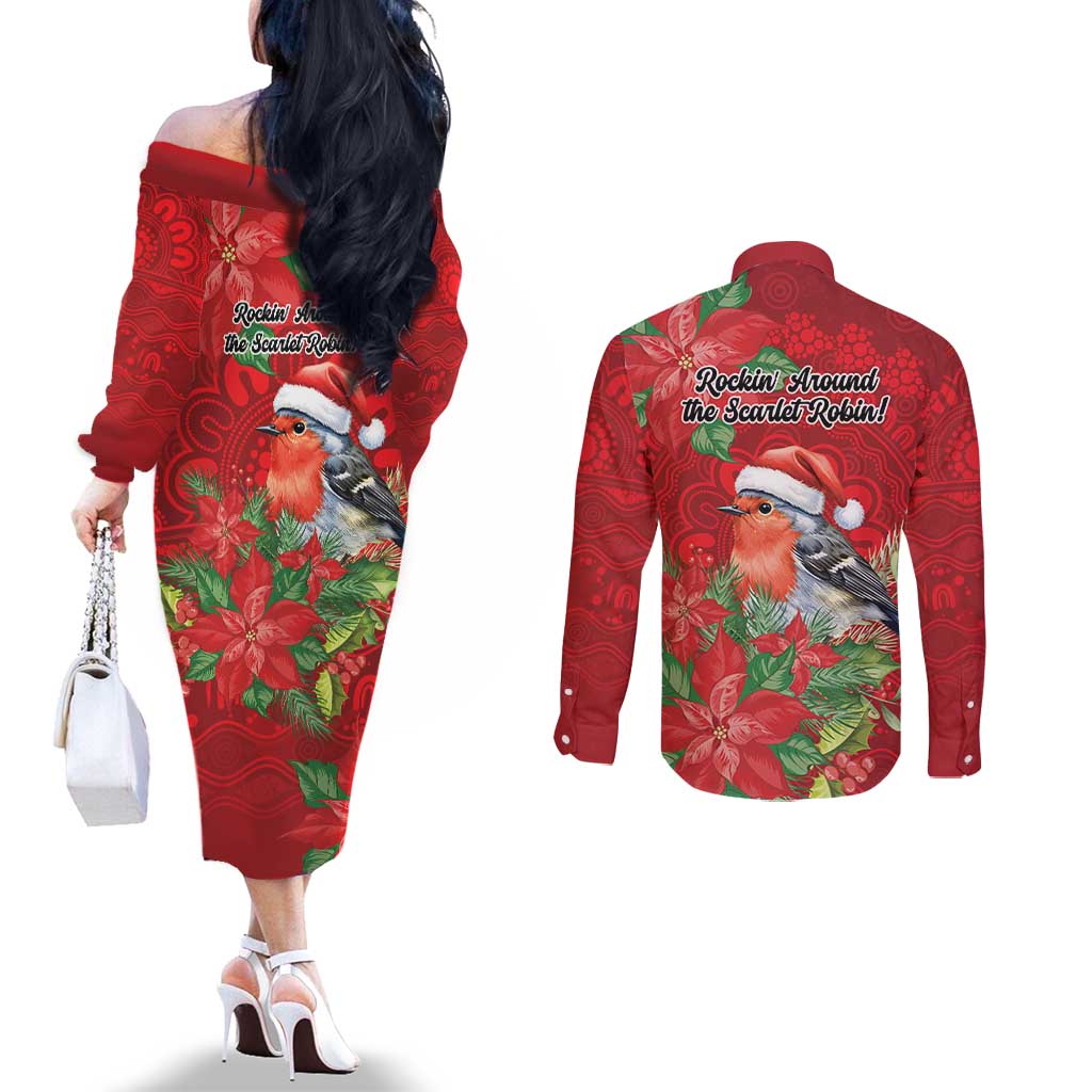 Australian Scarlet Robin Couples Matching Off The Shoulder Long Sleeve Dress and Long Sleeve Button Shirt Aboriginal Inspired Christmas - Aussie Hoodie