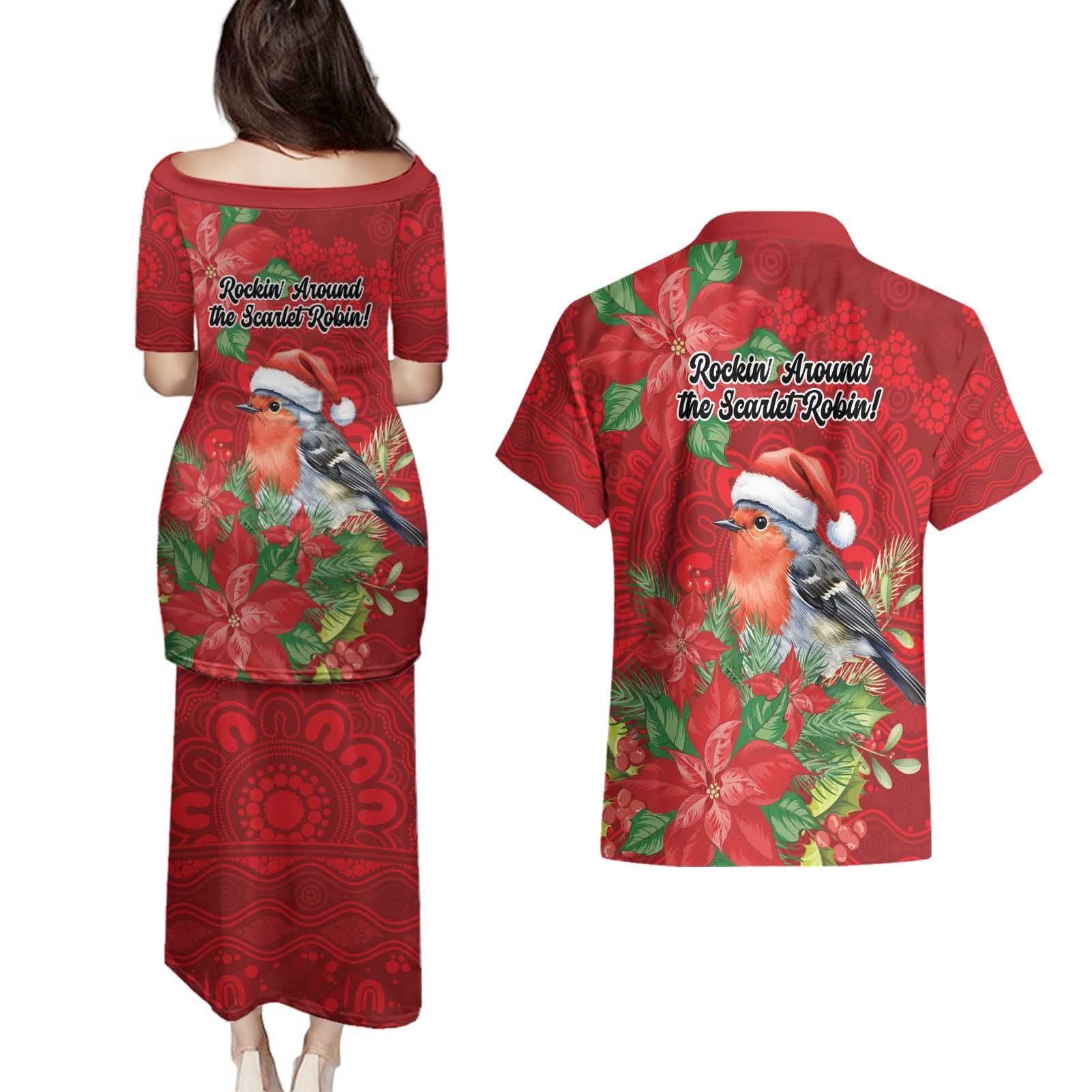 Australian Scarlet Robin Couples Matching Puletasi and Hawaiian Shirt Aboriginal Inspired Christmas - Aussie Hoodie