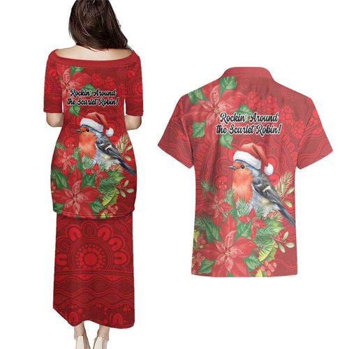 Australian Scarlet Robin Couples Matching Puletasi and Hawaiian Shirt Aboriginal Inspired Christmas - Aussie Hoodie