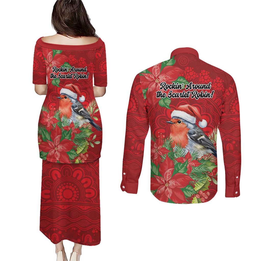 Australian Scarlet Robin Couples Matching Puletasi and Long Sleeve Button Shirt Aboriginal Inspired Christmas - Aussie Hoodie