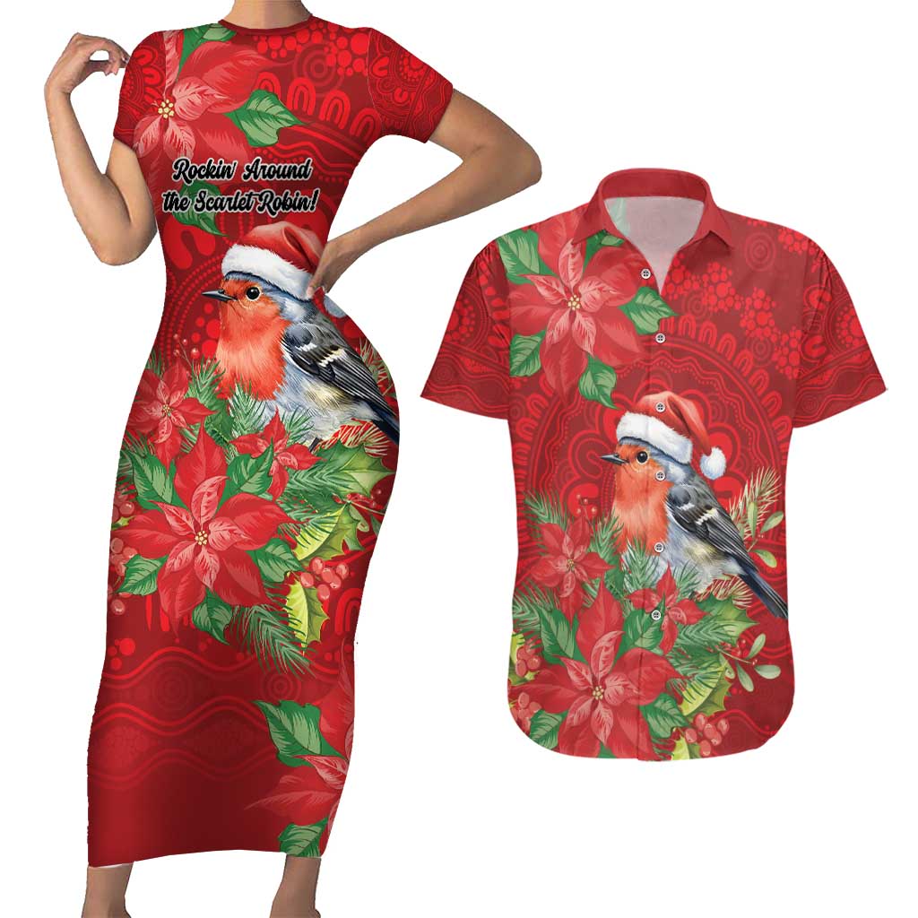Australian Scarlet Robin Couples Matching Short Sleeve Bodycon Dress and Hawaiian Shirt Aboriginal Inspired Christmas - Aussie Hoodie