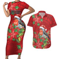 Australian Scarlet Robin Couples Matching Short Sleeve Bodycon Dress and Hawaiian Shirt Aboriginal Inspired Christmas - Aussie Hoodie