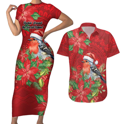 Australian Scarlet Robin Couples Matching Short Sleeve Bodycon Dress and Hawaiian Shirt Aboriginal Inspired Christmas - Aussie Hoodie