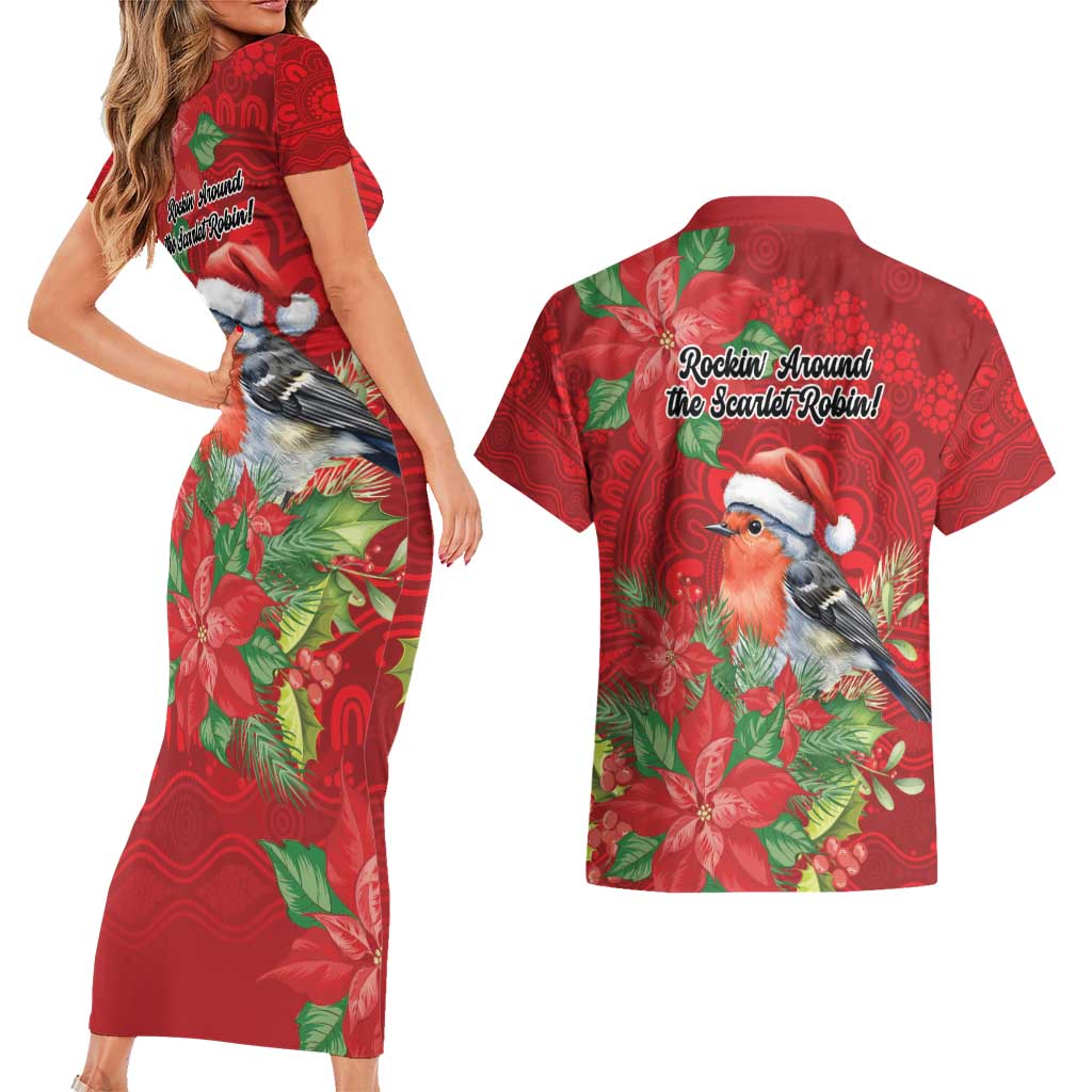 Australian Scarlet Robin Couples Matching Short Sleeve Bodycon Dress and Hawaiian Shirt Aboriginal Inspired Christmas - Aussie Hoodie