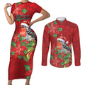 Australian Scarlet Robin Couples Matching Short Sleeve Bodycon Dress and Long Sleeve Button Shirt Aboriginal Inspired Christmas - Aussie Hoodie