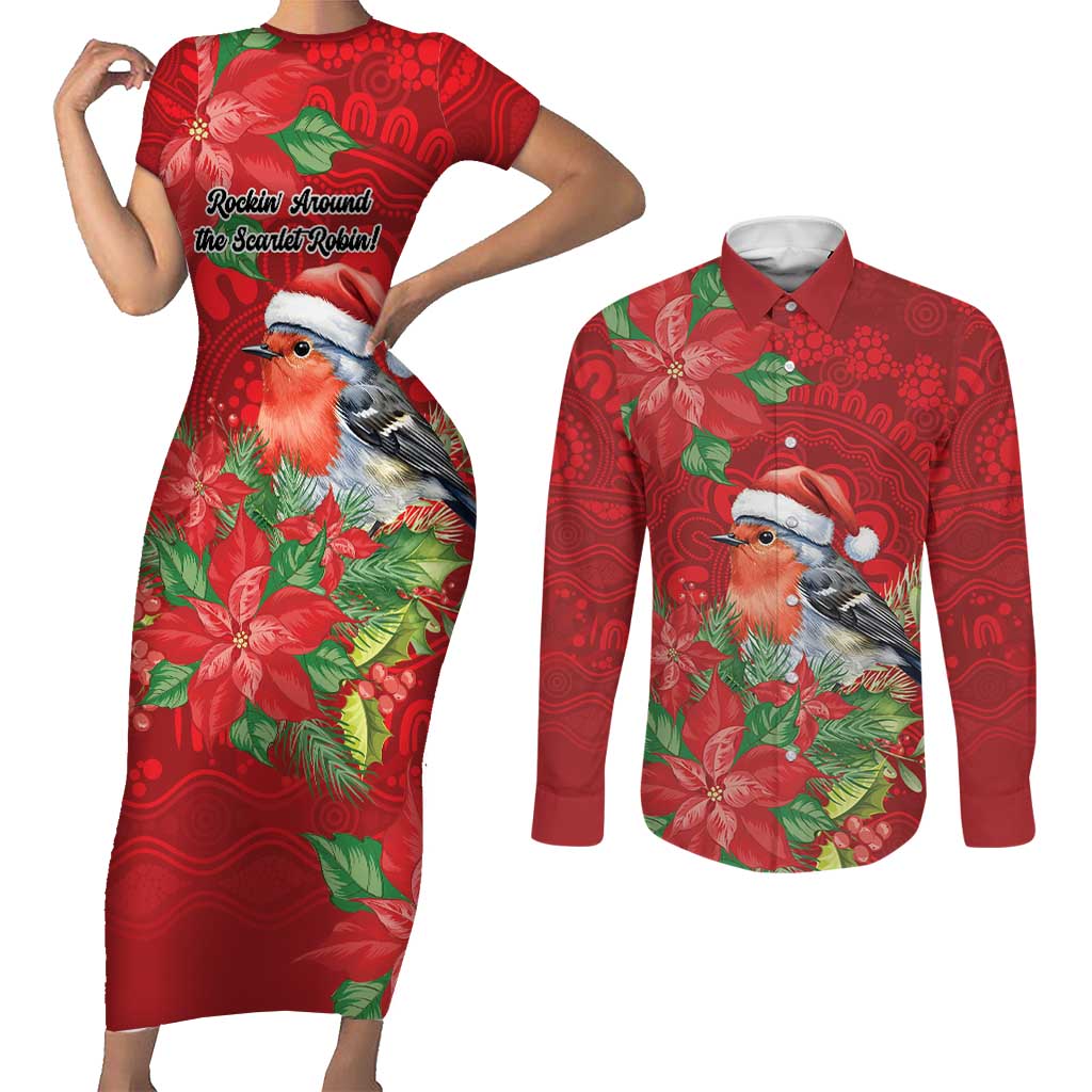 Australian Scarlet Robin Couples Matching Short Sleeve Bodycon Dress and Long Sleeve Button Shirt Aboriginal Inspired Christmas - Aussie Hoodie