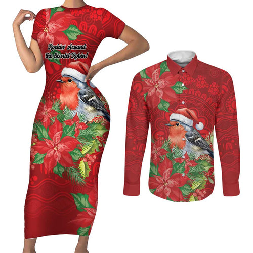 Australian Scarlet Robin Couples Matching Short Sleeve Bodycon Dress and Long Sleeve Button Shirt Aboriginal Inspired Christmas - Aussie Hoodie