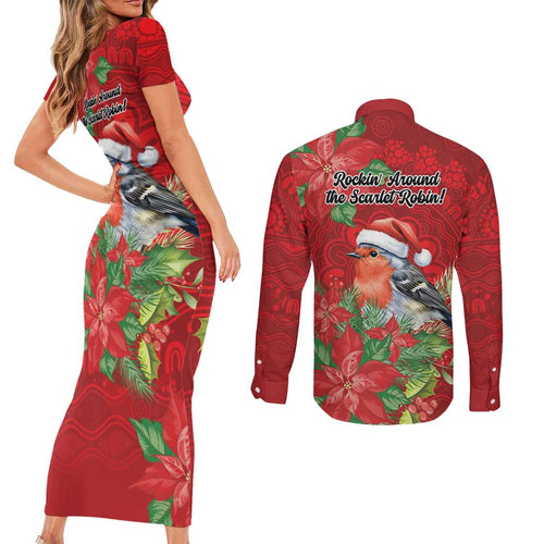 Australian Scarlet Robin Couples Matching Short Sleeve Bodycon Dress and Long Sleeve Button Shirt Aboriginal Inspired Christmas - Aussie Hoodie