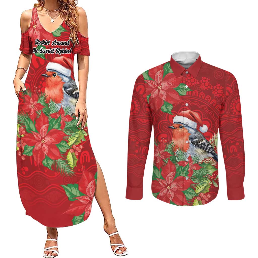 Australian Scarlet Robin Couples Matching Summer Maxi Dress and Long Sleeve Button Shirt Aboriginal Inspired Christmas - Aussie Hoodie