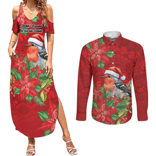 Australian Scarlet Robin Couples Matching Summer Maxi Dress and Long Sleeve Button Shirt Aboriginal Inspired Christmas - Aussie Hoodie