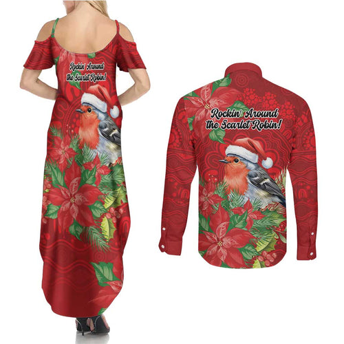 Australian Scarlet Robin Couples Matching Summer Maxi Dress and Long Sleeve Button Shirt Aboriginal Inspired Christmas - Aussie Hoodie