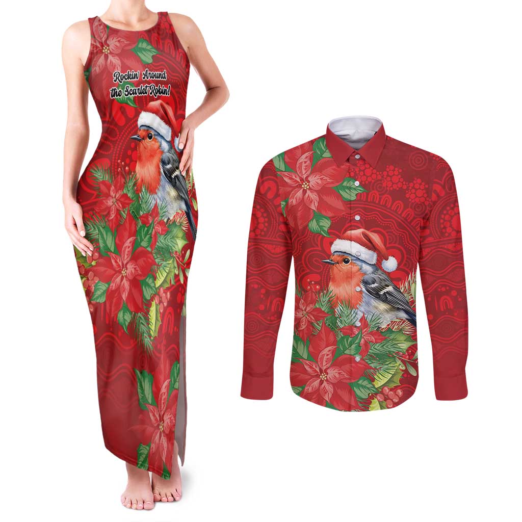 Australian Scarlet Robin Couples Matching Tank Maxi Dress and Long Sleeve Button Shirt Aboriginal Inspired Christmas - Aussie Hoodie