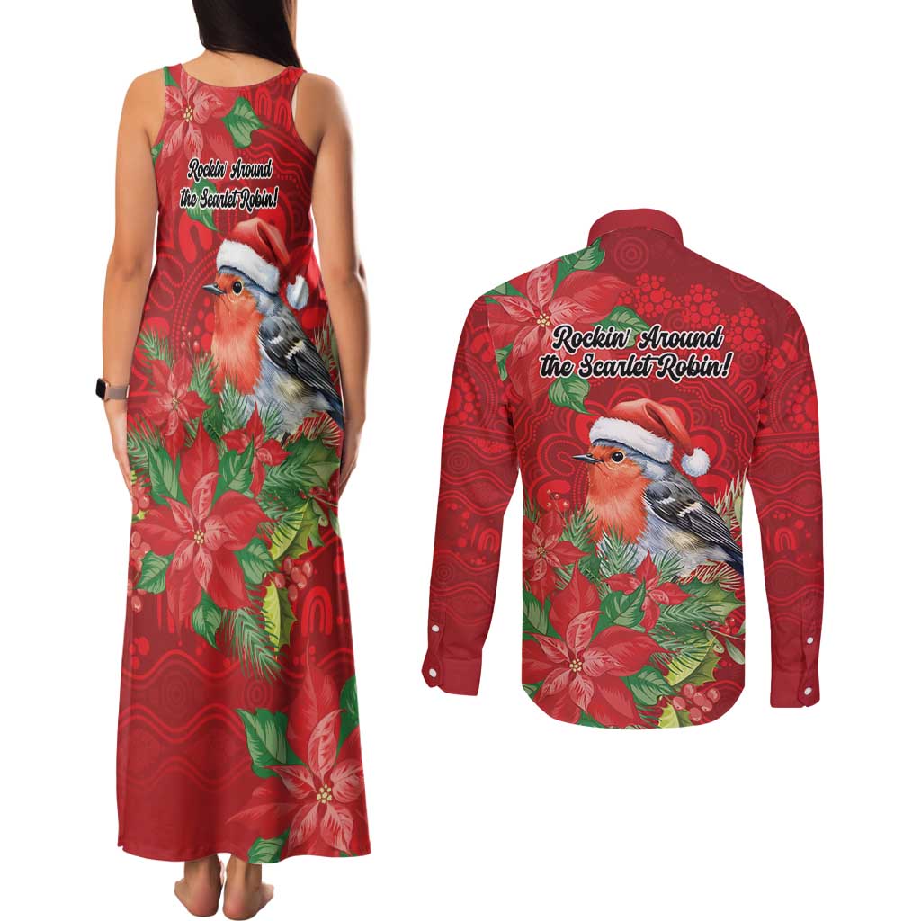 Australian Scarlet Robin Couples Matching Tank Maxi Dress and Long Sleeve Button Shirt Aboriginal Inspired Christmas - Aussie Hoodie