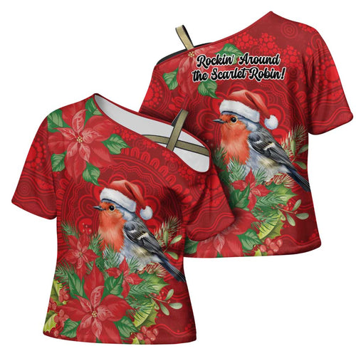 Australian Scarlet Robin Cross Shoulder Shirt Aboriginal Inspired Christmas - Aussie Hoodie