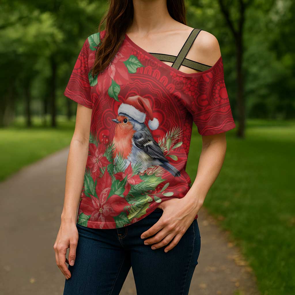 Australian Scarlet Robin Cross Shoulder Shirt Aboriginal Inspired Christmas - Aussie Hoodie
