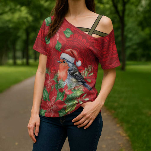 Australian Scarlet Robin Cross Shoulder Shirt Aboriginal Inspired Christmas - Aussie Hoodie