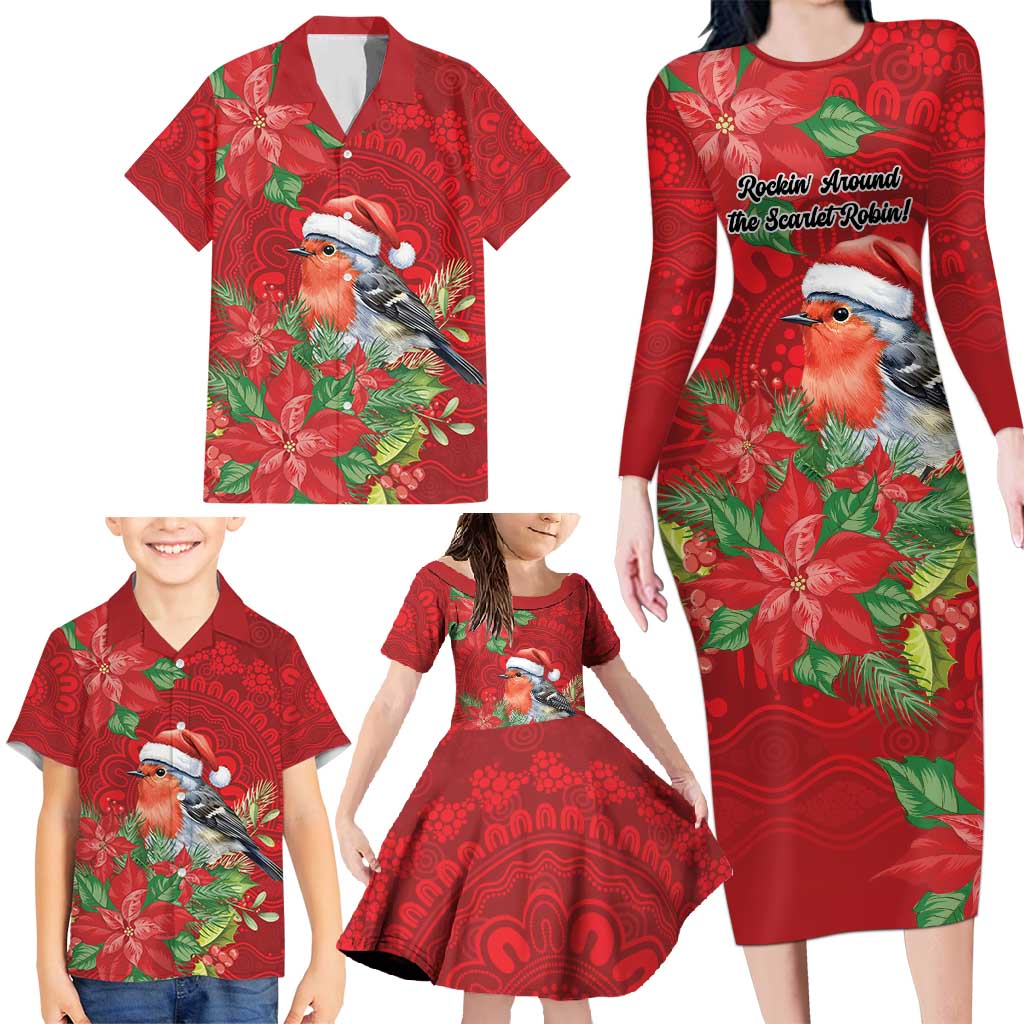 Australian Scarlet Robin Family Matching Long Sleeve Bodycon Dress and Hawaiian Shirt Aboriginal Inspired Christmas - Aussie Hoodie