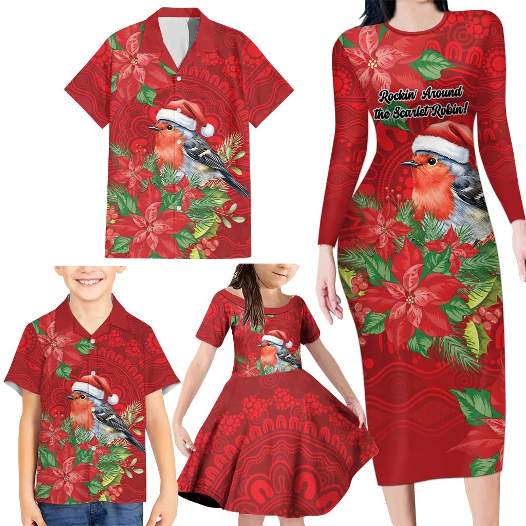Australian Scarlet Robin Family Matching Long Sleeve Bodycon Dress and Hawaiian Shirt Aboriginal Inspired Christmas - Aussie Hoodie