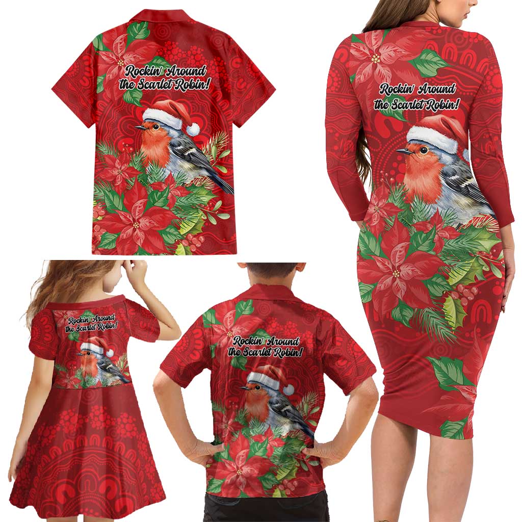 Australian Scarlet Robin Family Matching Long Sleeve Bodycon Dress and Hawaiian Shirt Aboriginal Inspired Christmas - Aussie Hoodie
