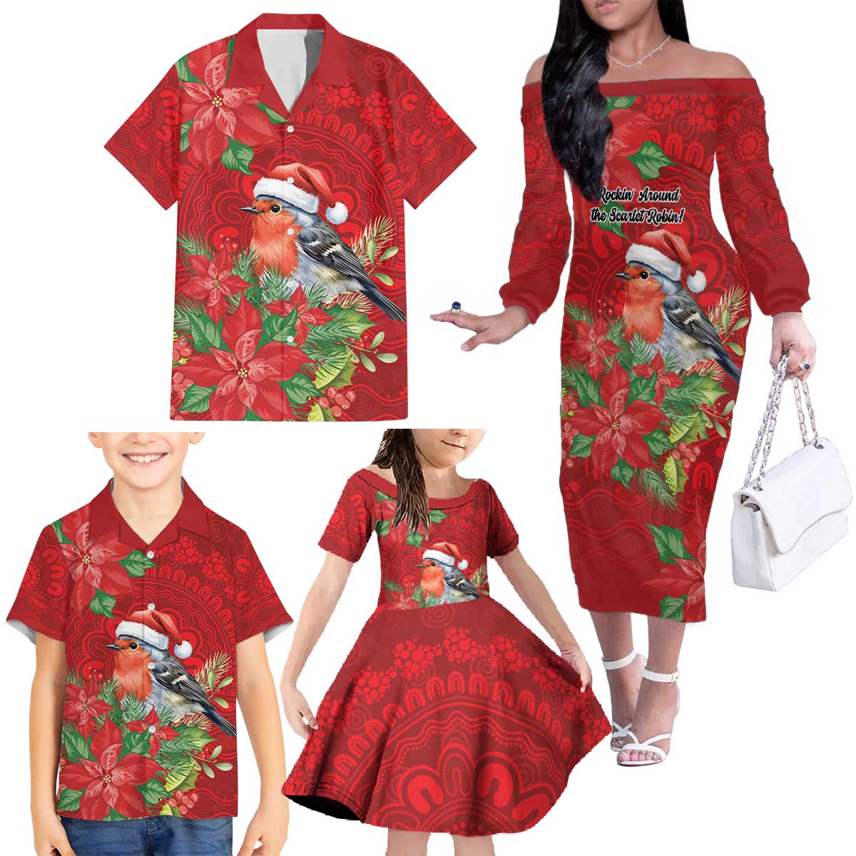 Australian Scarlet Robin Family Matching Off The Shoulder Long Sleeve Dress and Hawaiian Shirt Aboriginal Inspired Christmas - Aussie Hoodie