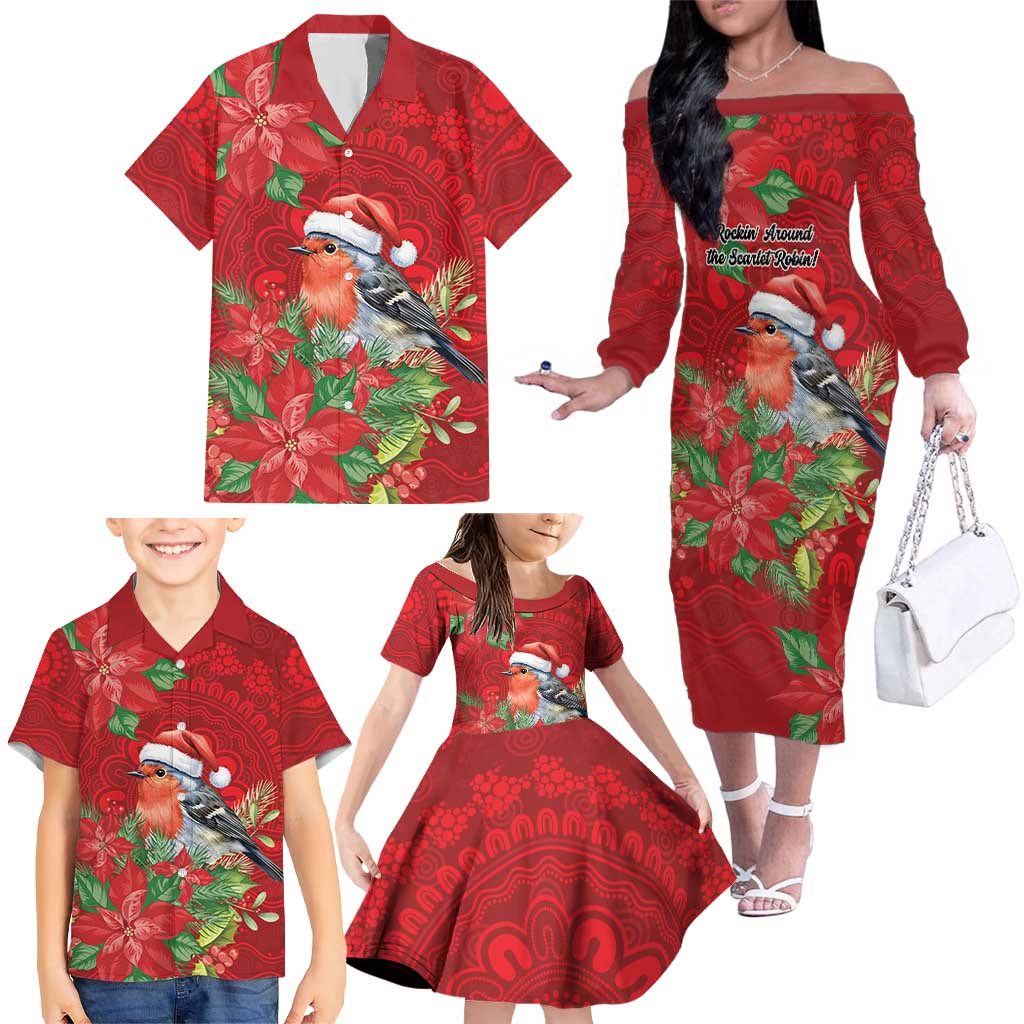 Australian Scarlet Robin Family Matching Off The Shoulder Long Sleeve Dress and Hawaiian Shirt Aboriginal Inspired Christmas - Aussie Hoodie