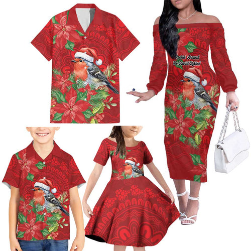 Australian Scarlet Robin Family Matching Off The Shoulder Long Sleeve Dress and Hawaiian Shirt Aboriginal Inspired Christmas - Aussie Hoodie