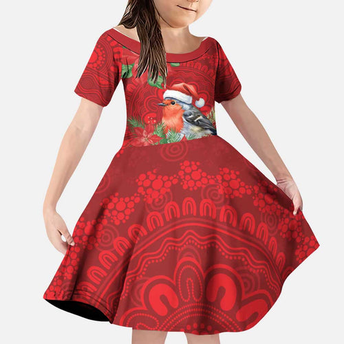 Australian Scarlet Robin Family Matching Off The Shoulder Long Sleeve Dress and Hawaiian Shirt Aboriginal Inspired Christmas - Aussie Hoodie