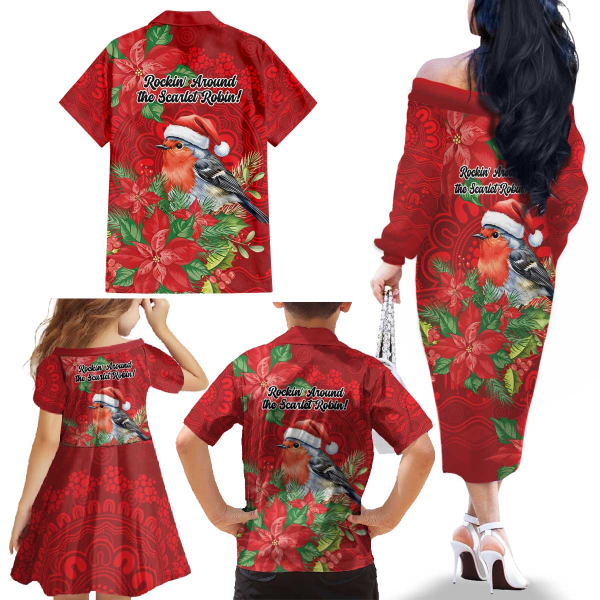 Australian Scarlet Robin Family Matching Off The Shoulder Long Sleeve Dress and Hawaiian Shirt Aboriginal Inspired Christmas - Aussie Hoodie