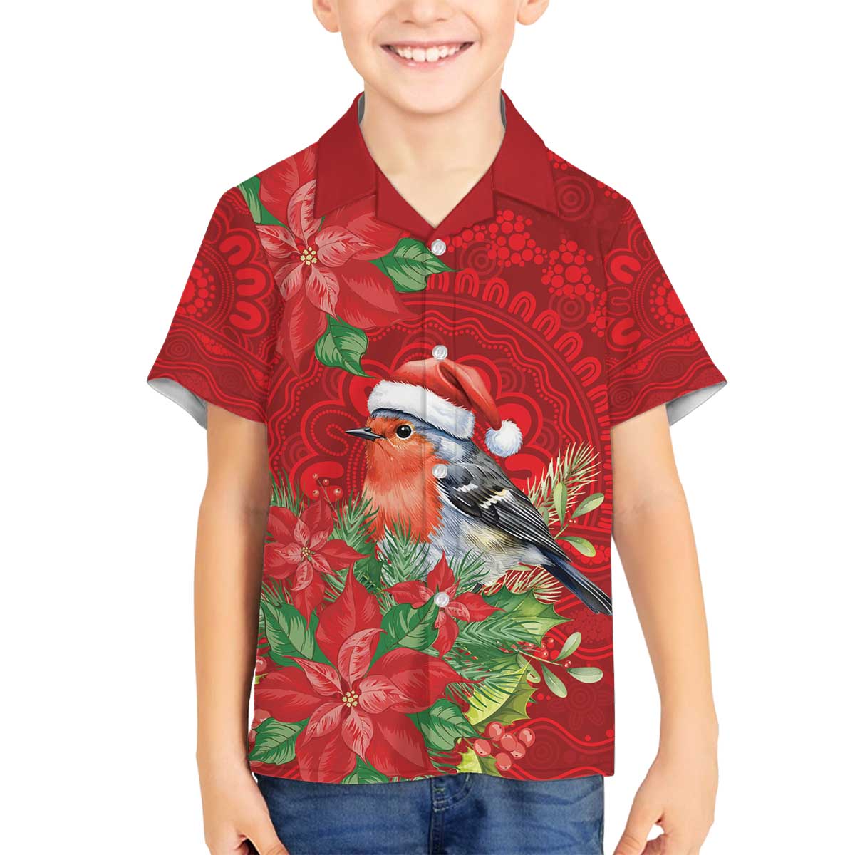 Australian Scarlet Robin Family Matching Off The Shoulder Long Sleeve Dress and Hawaiian Shirt Aboriginal Inspired Christmas - Aussie Hoodie
