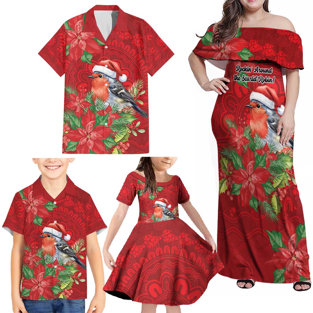 Australian Scarlet Robin Family Matching Off Shoulder Maxi Dress and Hawaiian Shirt Aboriginal Inspired Christmas - Aussie Hoodie