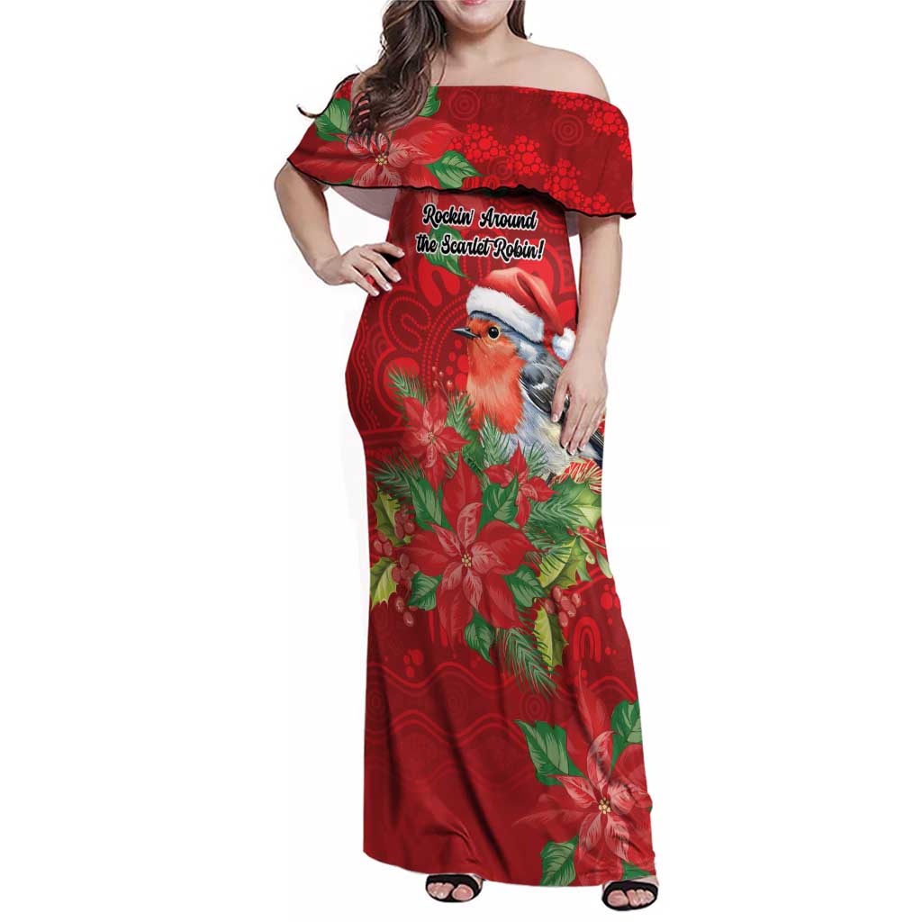 Australian Scarlet Robin Family Matching Off Shoulder Maxi Dress and Hawaiian Shirt Aboriginal Inspired Christmas - Aussie Hoodie