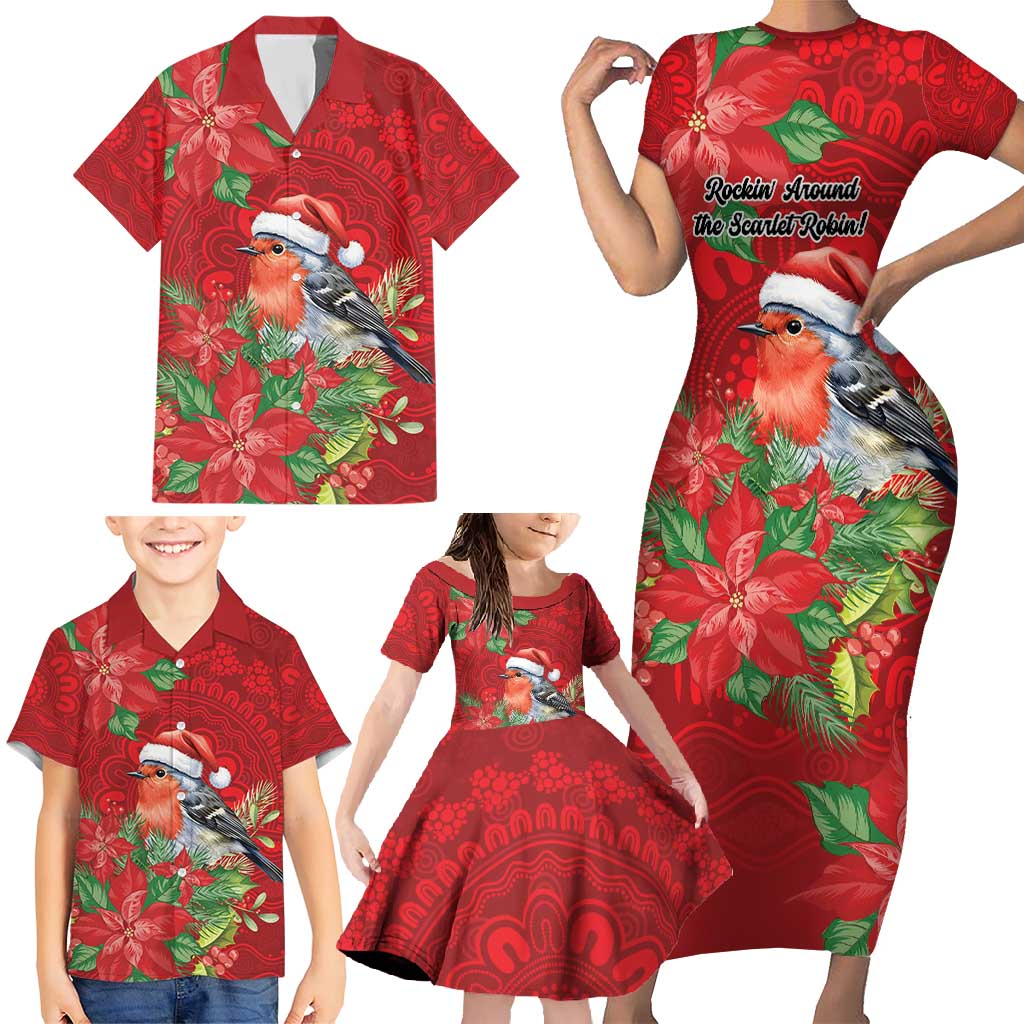 Australian Scarlet Robin Family Matching Short Sleeve Bodycon Dress and Hawaiian Shirt Aboriginal Inspired Christmas - Aussie Hoodie