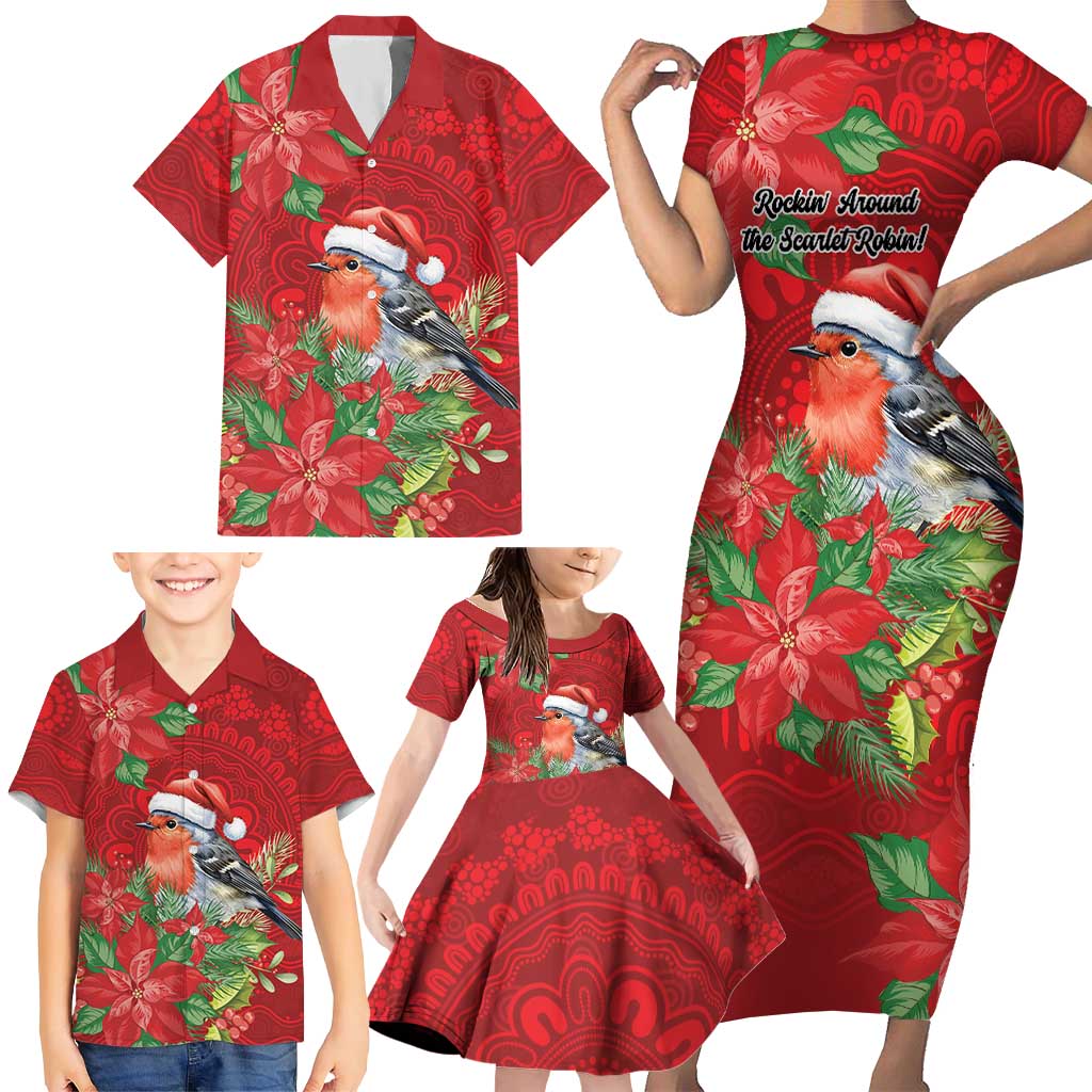 Australian Scarlet Robin Family Matching Short Sleeve Bodycon Dress and Hawaiian Shirt Aboriginal Inspired Christmas - Aussie Hoodie