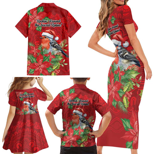 Australian Scarlet Robin Family Matching Short Sleeve Bodycon Dress and Hawaiian Shirt Aboriginal Inspired Christmas - Aussie Hoodie