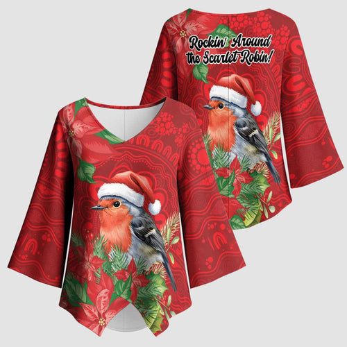 Australian Scarlet Robin Kimono Sleeve Blouse Aboriginal Inspired Christmas - Aussie Hoodie