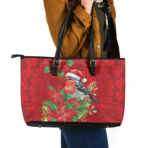 Australian Scarlet Robin Leather Tote Bag Aboriginal Inspired Christmas - Aussie Hoodie