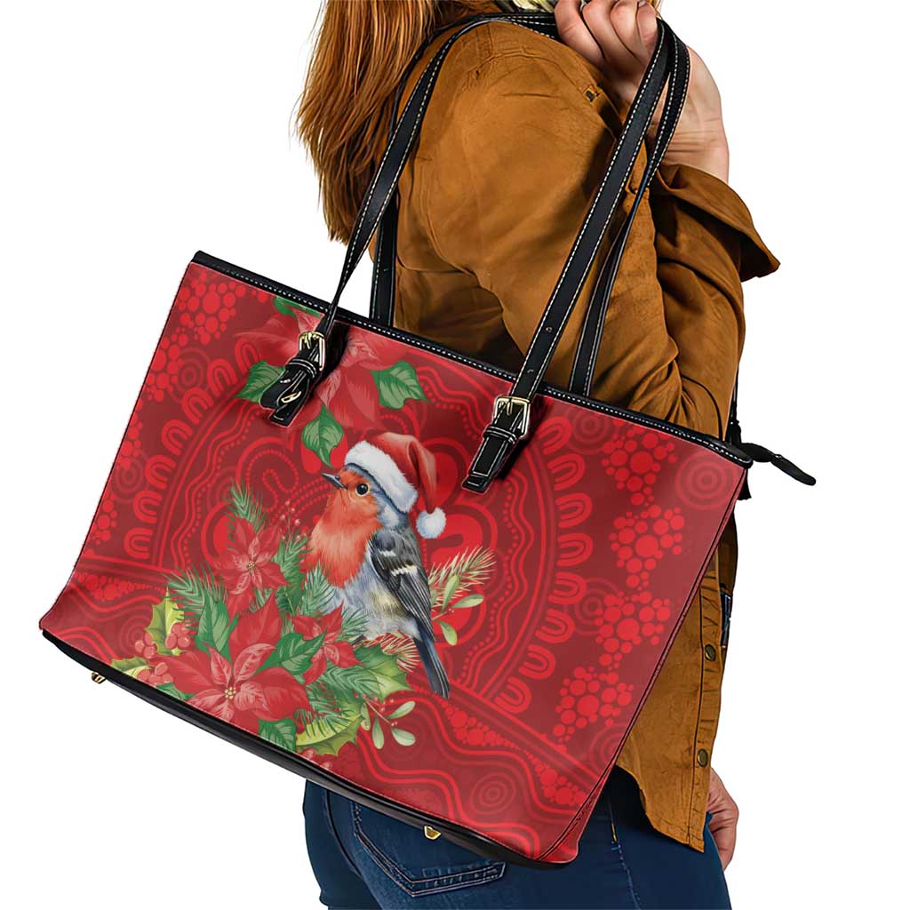 Australian Scarlet Robin Leather Tote Bag Aboriginal Inspired Christmas - Aussie Hoodie